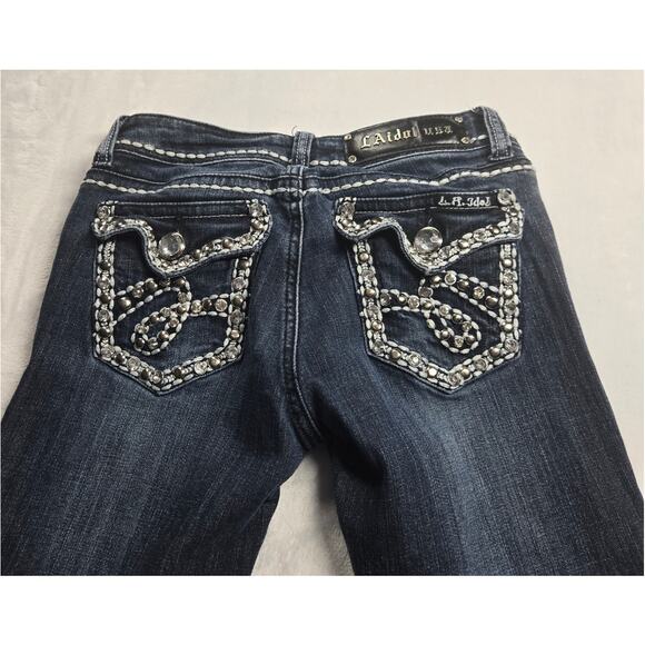 LA Idol USA Women's Size Tag 3 (24x33) Blue Denim Embellished Jeans Flap Pockets - Picture 4 of 9